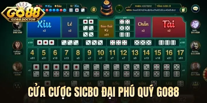 Cửa cược & tỷ lệ trả thưởng Sicbo Đại Phú Quý Go88