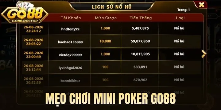 03 mẹo săn thưởng Mini Poker Go88 hữu hiệu