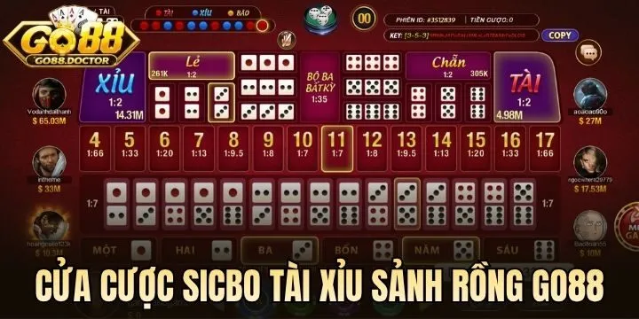 Các cửa cược cơ bản & tỷ lệ thưởng Sicbo Tài Xỉu Sảnh Rồng Go88